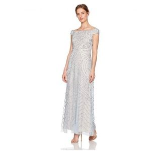 Adrianna Papell Pale Blue Beaded Off-Shoulder Maxi Gown